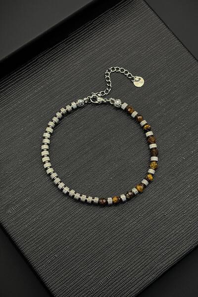 FRNCH 316L Çelik ve Kaplan Gözü Doğal Taşlı Kahverengi Erkek Bileklik FRJ1236...