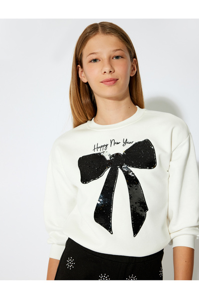 Koton Crew Neck Bow Sweatshirt - Sequins Sequins, Long Sleeve, Raster