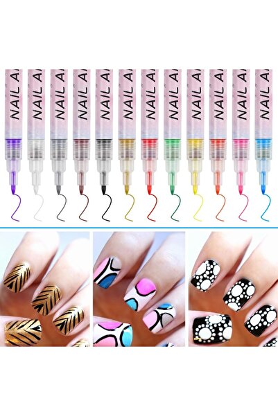 gaman 12 Renk 3D Tırnak Sanatı Kalem Seti - Kendin Yap Tırnak Cilası Kalemi - Tırnak Grafiti Çizim Kalemi