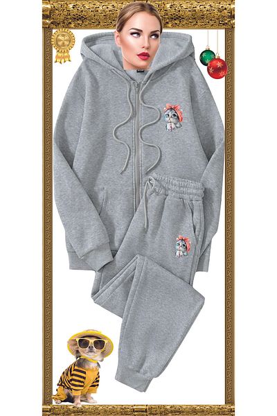 HOFFNUNG Full Zip Cute Cat New Tracksuit Set