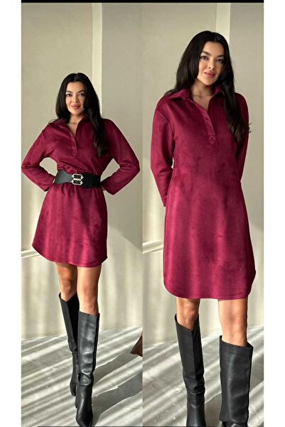 MARE BUTİK Vişne Rengi Nubuk Kumaş Kemerli Elbise