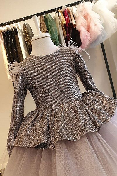 Mashotrend Feather Shoulder V Back Sequined Girls' Dress - Children's Evening Dress - Girls' Evening Dress - Children's Graduation Dress