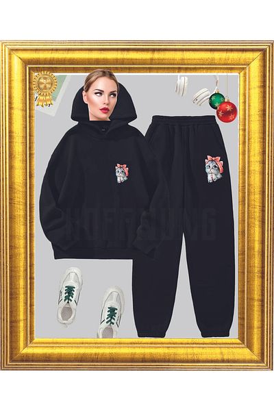 HOFFNUNG Full Hoodie 3 Yarn Cute Cat Shorts - Crew Neck Bottom-Top Tracksuit Set