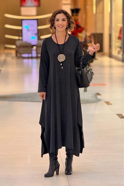 Nevin Kaya Moda Φόρεμα βισκόζης από μαλλί Salsa Anthracite - Δώρο με κολιέ