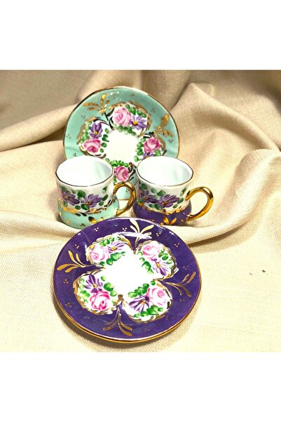 BY.RAYKA PORSELEN El Dekor Saray Porcelain Hand Painting Set of 2 Coffee Cups