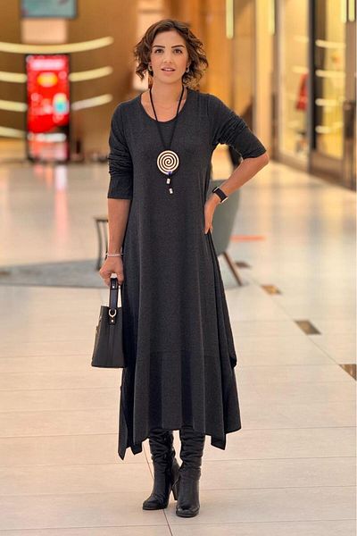 Nevin Kaya Moda Φόρεμα βισκόζης από μαλλί Salsa Anthracite - Δώρο με κολιέ
