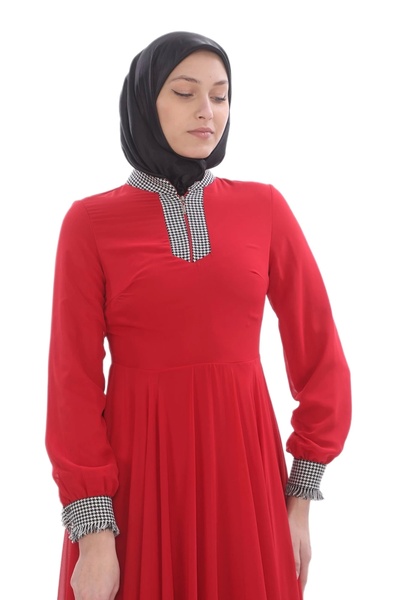 PHELDA Red Hijab Dress - Gingham Garni Detail, Model 704