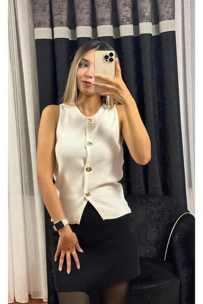 SHINE STYLE Gold Button Detail Ecru Vest