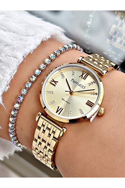 Ferrucci Altın Renk Roma Rakamlı Sade Model Çelik Kordon Kadın Kol Saati + Bİ...