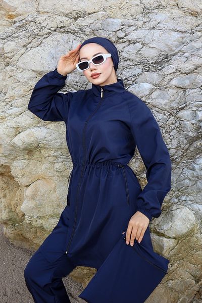 Atelier Lina Seyran 4-Piece Full Covered Hijab Swimsuit with Adjustable Elastic Waist, Water Repellent Fabric, Dark Blue