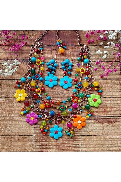 MODA Copper Wire Winding-Fimo Flower Pendant Earrings