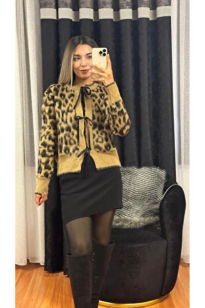 SHINE STYLE Fiyonk Detay Leopar Desen Kahverengi Hırka