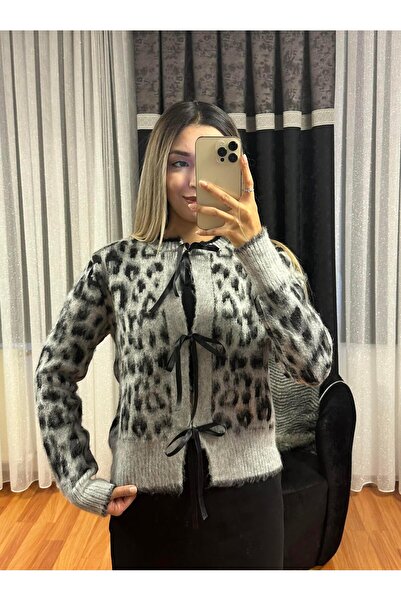 SHINE STYLE Bow Detail Leopard Pattern Gray Cardigan