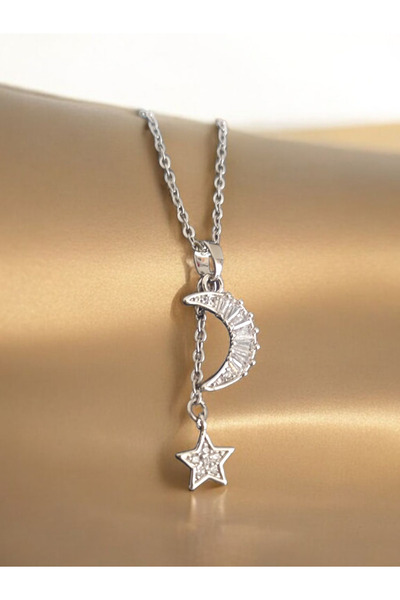 Tilde Women's Steel Necklace with Crescent and Star Pattern - Dangle, Silver Color, Gift, Tarnish Free