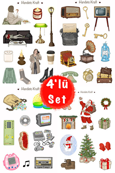 Handeto Kraft مجموعة ملصقات متعددة عتيقة، ملصق مكون من 4 قطع، ملصق عيد الميلاد، 8 × 12 سم، ملصق، بوجو، ملصق