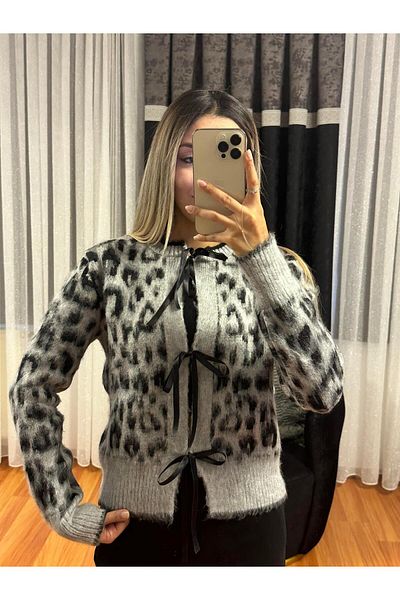 SHINE STYLE Bow Detail Leopard Pattern Gray Cardigan