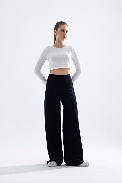 Side Zippered Flexible Rise Waist Wide Leg Pallazo Pantolonn MY4012