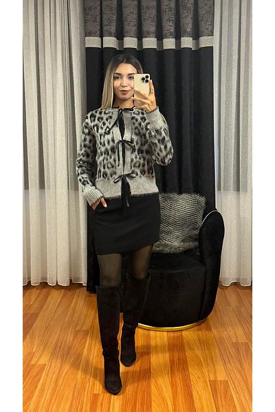 SHINE STYLE Bow Detail Leopard Pattern Gray Cardigan