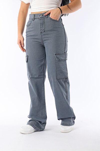 moda camiya 113  Kadın Kargo Cep Wide Leg Jans Yandan Cepli Gri Kot Pantolon