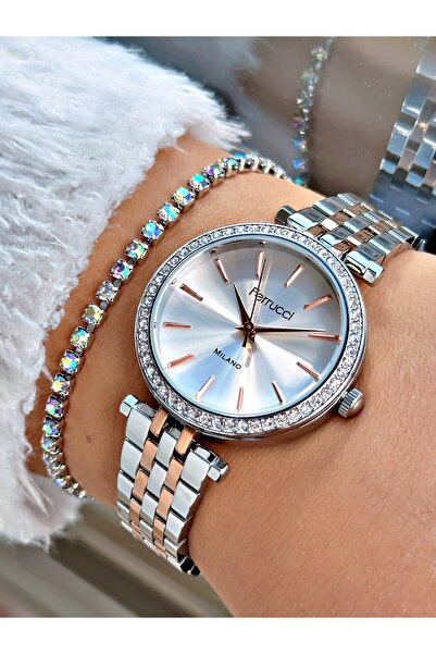 Ferrucci Rose Gold Gümüş Renk Taşlı Klasik Model  Çelik Kordon Kadın Kol Saat...