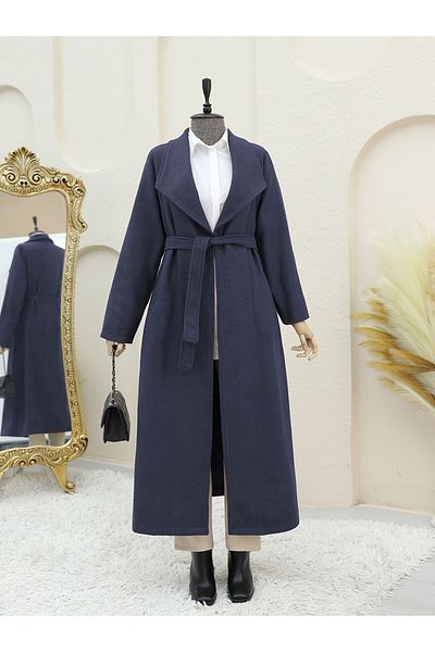 Modamorfo Shawl Collar Pocket Belted Cashmere Coat -Navy