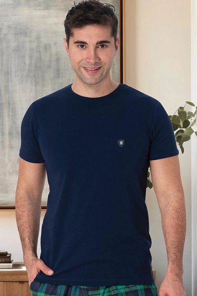 Mecit Pijama Ανδρικό μπλουζάκι και πιτζάμες Navy - Ποδηλατικό λαιμόκοψη, κοντό μανίκι, 95% βαμβάκι 5% Lycra Μονό μπλουζάκι