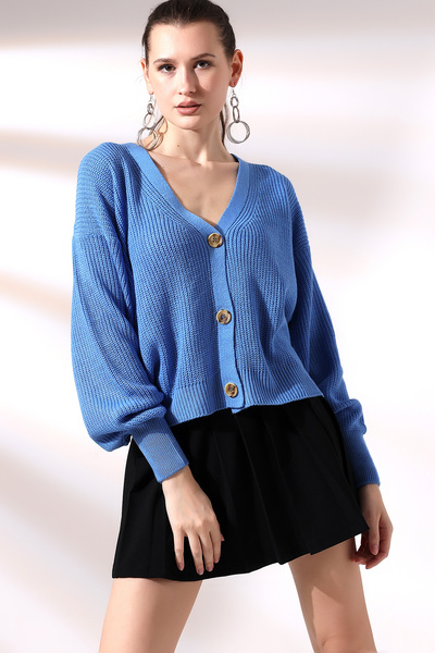 Devinka Μπλε Ζακέτα με V λαιμόκοψη - Γυναικείο Ζωντανό Παλτό με 3 Κουμπιά