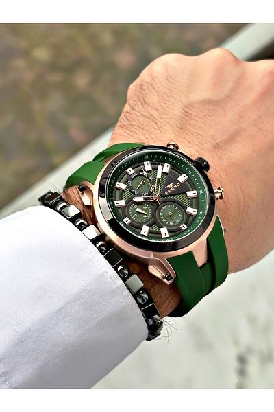 FERRO Green Color Sports Model Stylish Design Men's Wrist Watch + Bracelet Gift