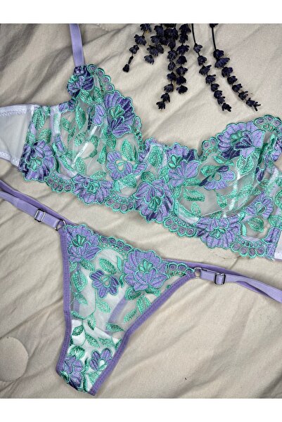 ROZENİN LINGERIE Πράσινο Μωβ Floral Underwire Σετ σουτιέν από τούλι χωρίς καπάκι (ΣΟΥΤΙΕΝ TANGA)