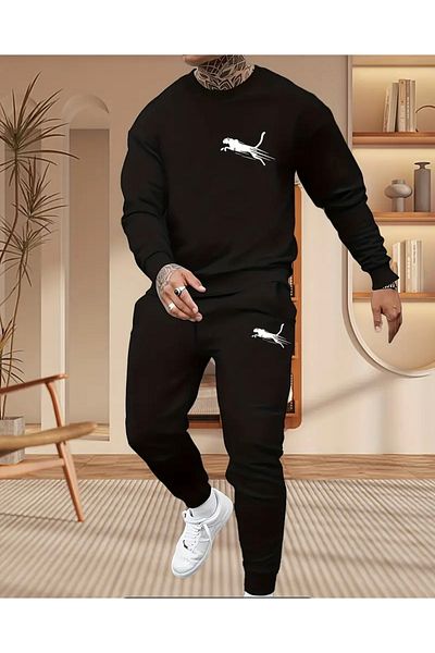 NEW TRENDY COLLECTİON Оригинален комплект спортно облекло с лого за всеки ден - дишащ суитшърт с кръгло деколте и анцуг