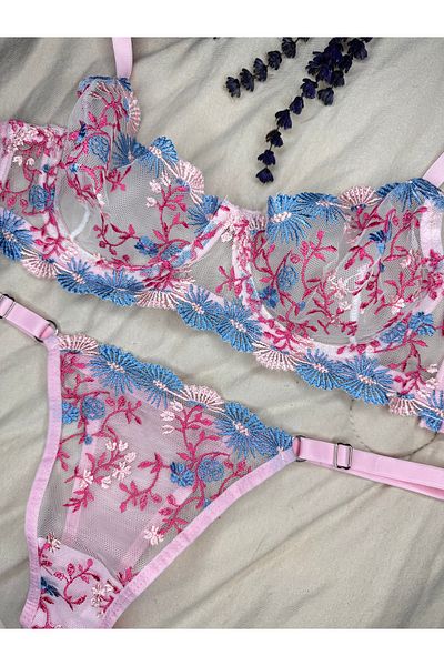 ROZENİN LINGERIE Set sutien din tul fără cupă cu sârmă, roz albastru floral (SUTIEN TANGA)