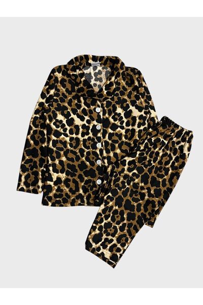 Fil Kids Girl's Suede Fabric Brown Leopard Pattern Shirt Collar Buttoned Long Sleeve Winter Pajama Set