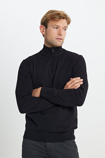 ALTINYILDIZ CLASSICS Altınyıldız ACE492510018 Μαύρο ανδρικό πλεκτό πουλόβερ με μισό φερμουάρ και γιακά μπατό