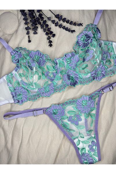 ROZENİN LINGERIE Set de sutien din tul fără cupă cu sârmă, verde, violet, floral (SUTIEN TANGA)