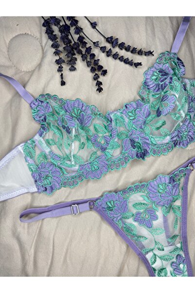 ROZENİN LINGERIE Πράσινο Μωβ Floral Underwire Σετ σουτιέν από τούλι χωρίς καπάκι (ΣΟΥΤΙΕΝ TANGA)