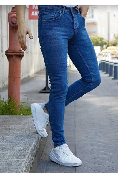 Lina Jean Erkek Mavi Düz Slim Fit Likralı Düz Paça Kot Pantolon