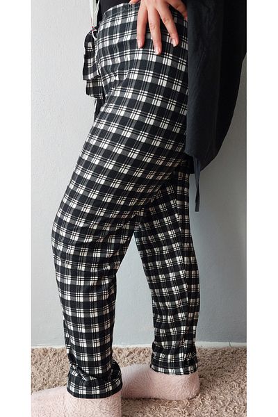 Bahar design Oversized Single Jersey Velvet Women's Black and White Plaid Pattern Pajama Bottoms