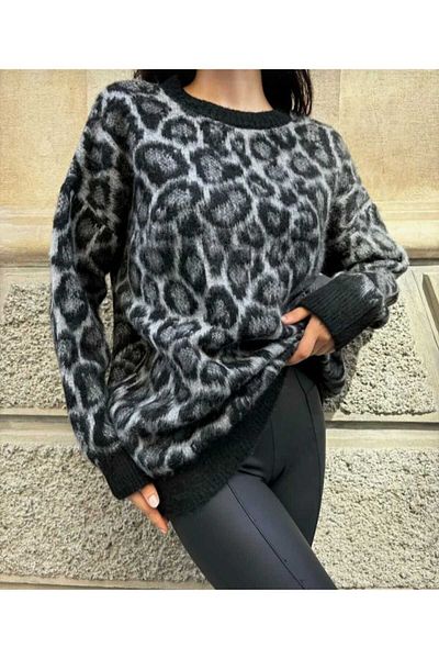 yeditepe fashion Crew Neck Raised Leopard Knitwear Sweater