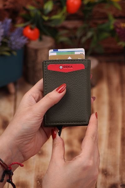 Ozka Leather Collection Khaki Faux Leather - Vegan Card Holder Wallet Portfolio with Mechanism