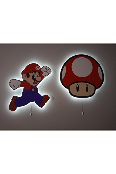UViolets Dekoratif Ahşap Baskılı Süper Mario ve Mantarı Çocuk Odası Gece Lamb...