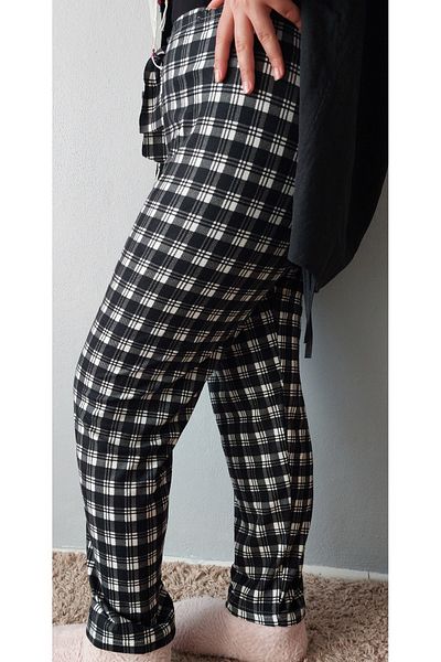Bahar design Oversized Single Jersey Velvet Women's Black and White Plaid Pattern Pajama Bottoms