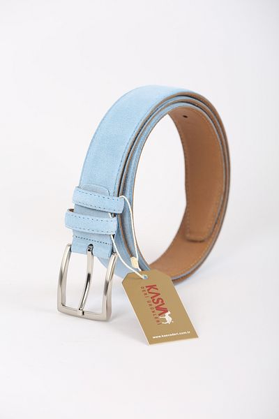 KASVA DERİ 3.5 cm Ice Blue Suede Original Leather Belt