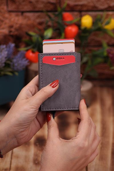 Ozka Leather Collection Gray Crazy Faux Leather - Vegan Leather Card Holder Wallet Portfolio with Mechanism