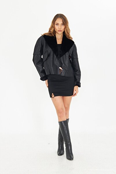 LAMANTE İÇİ KÜRKLÜ SİYAH DERİ GÖRÜNÜMLÜ CEKET