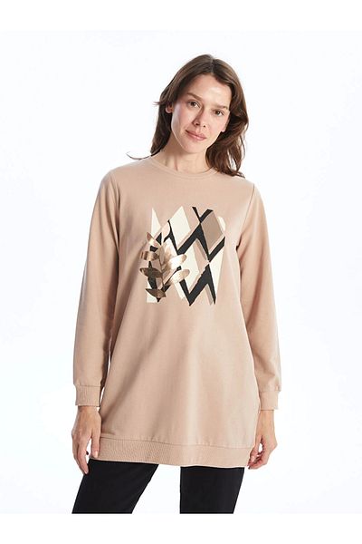 LC Waikiki Γυναικείο φούτερ με στάμπα Lcwaıkı Basic Brown Crew Neck