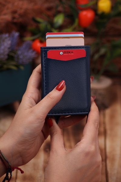 Ozka Leather Collection Δερμάτινη θήκη για κάρτες Navy Blue Vegan - Πορτφόλιο μηχανισμού πορτοφολιού