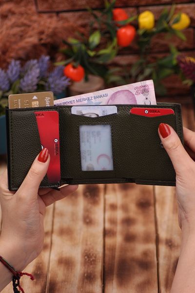 Ozka Leather Collection Khaki Faux Leather - Vegan Card Holder Wallet Portfolio with Mechanism