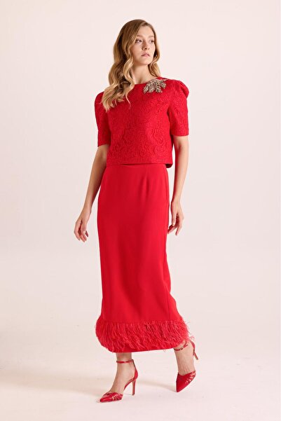 BALA COUTURE Dantel Kaplı Bluz Tül Detay Kalem Etek Takım