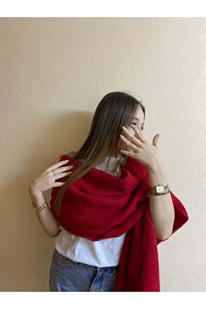 sema aksesuar Red Wide Tassel Boucle Scarf - Soft Shoulder Shawl - Women's Winter Gift