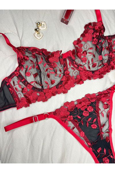 ROZENİN LINGERIE Set de sutien din tul transparent cu dantelă florală cu sârmă roșu negru (sutien tanga)